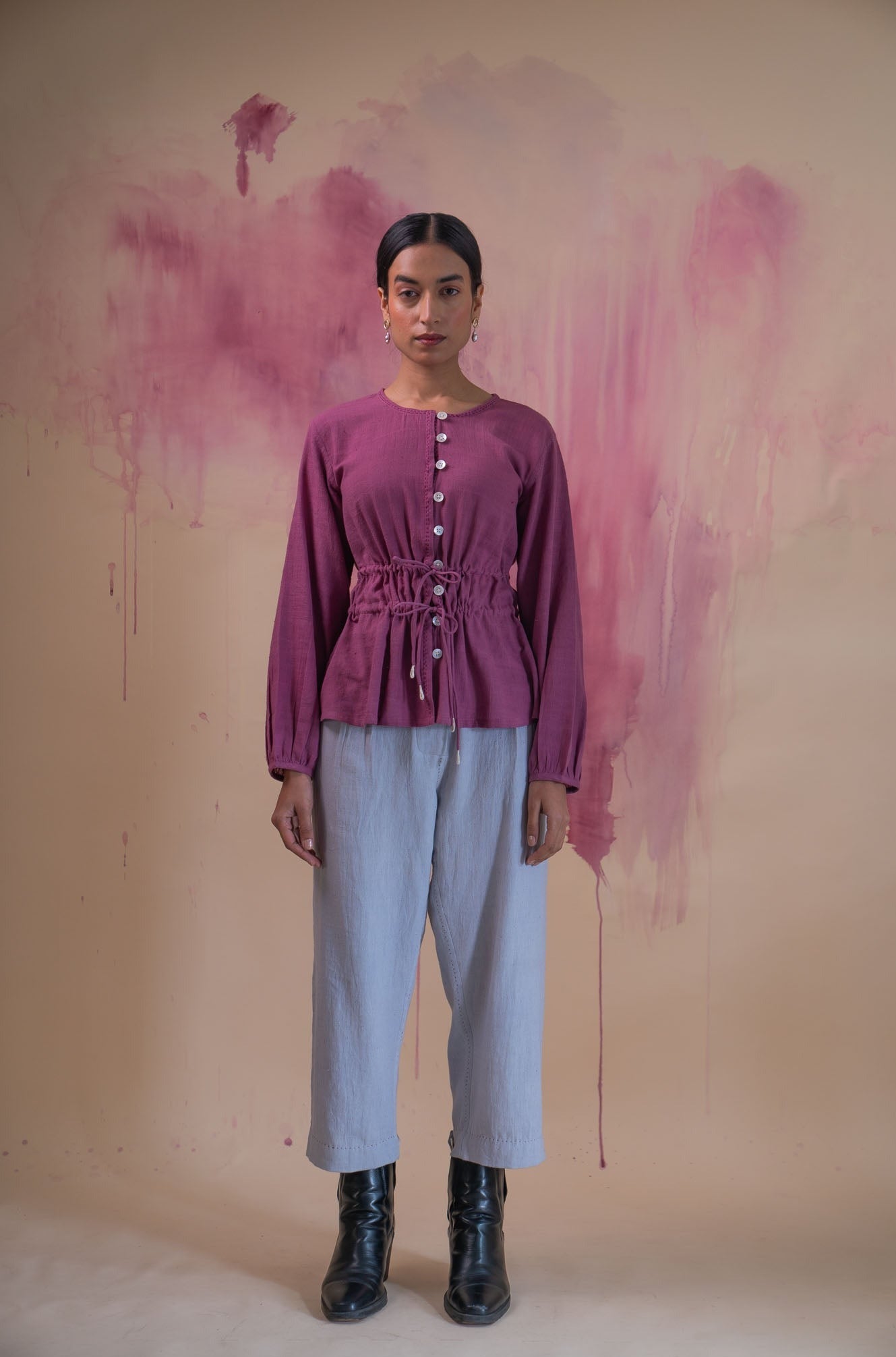 Phosphene Ruched Blouse & Grey Pants Set